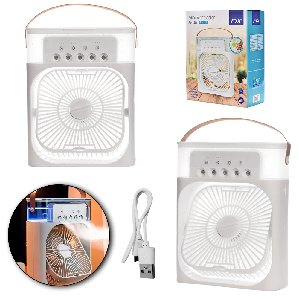 MINI VENTILADOR / CLIMATIZADOR / UMIDIFICADOR DE AR 5V 3 VELOCIDADES + LUZ DE LED + ALCA E CABO USB