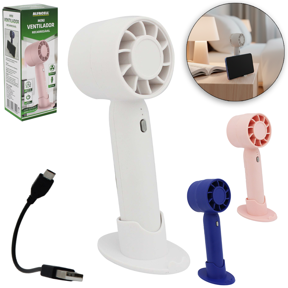 MINI VENTILADOR DE MAO / MESA PORTATIL RECARREGAVEL 5V 3 VELOCIDADES + BASE SUPORTE CELULAR E CABO USB
