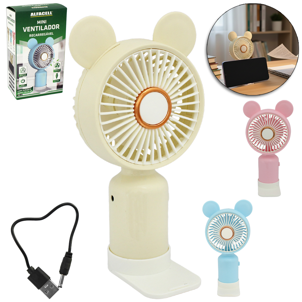 MINI VENTILADOR MAO / MESA PORTATIL RECARREGAVEL 5V 1 VELOCIDADE + BASE SUPORTE CELULAR E CABO USB
