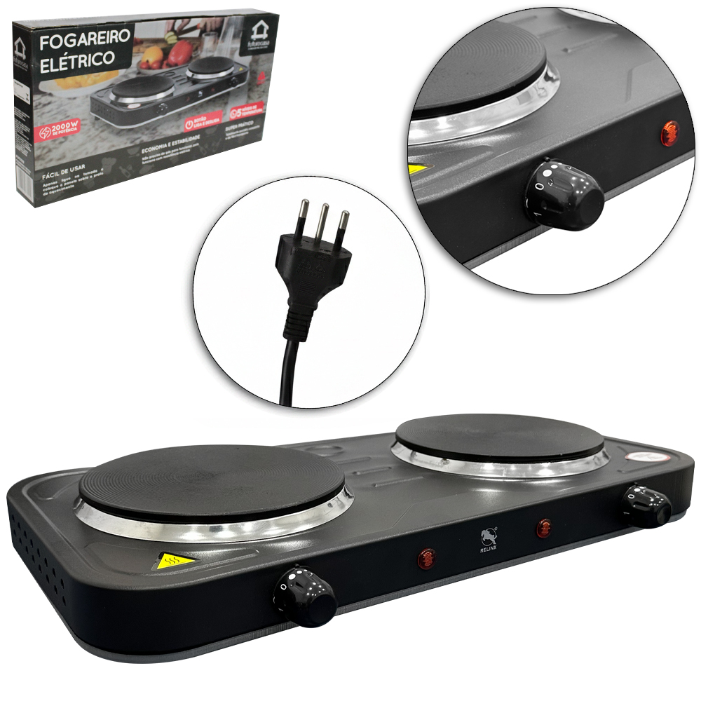 FOGAREIRO / FOGAO ELETRICO PORTATIL CHAPA INDUCAO 2 BOCAS 220V PRETO 2000W RELINX
