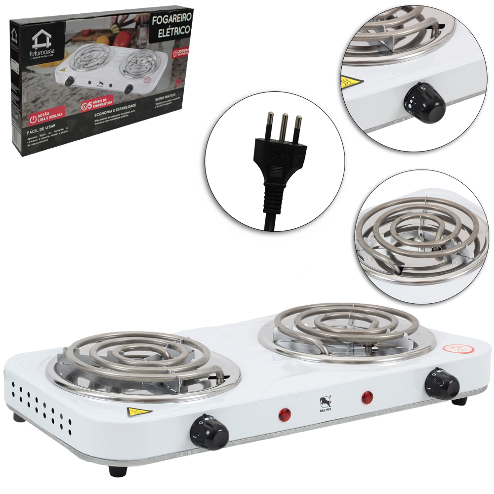 FOGAREIRO / FOGAO ELETRICO PORTATIL ESPIRAL 2 BOCAS 220V BRANCO 2000W RELINX