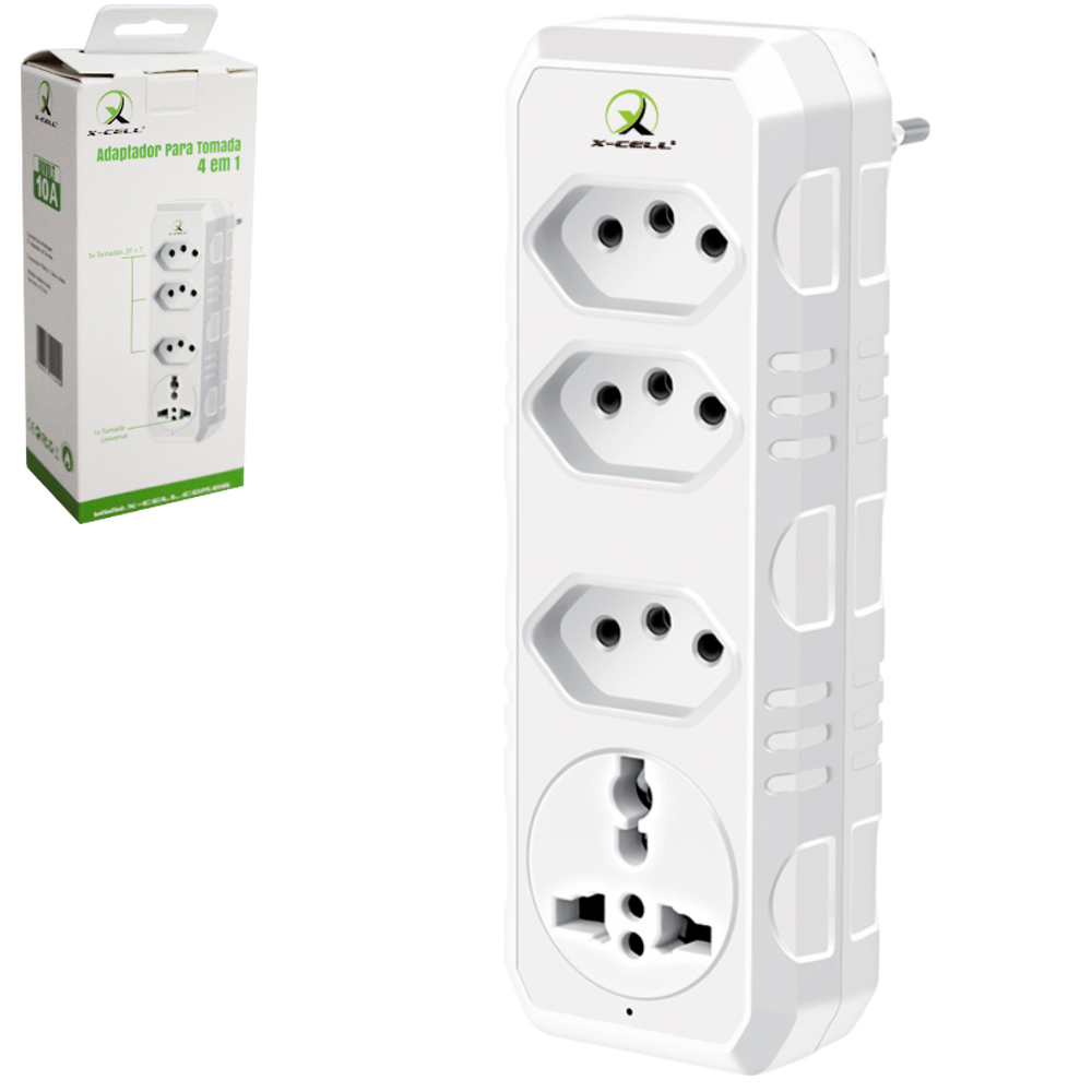 ADAPTADOR DE TOMADA 4 EM 1 COM 3 SAIDAS TRIPOLAR E 1 SAIDA UNIVERSAL BIVOLT 10A X-CELL