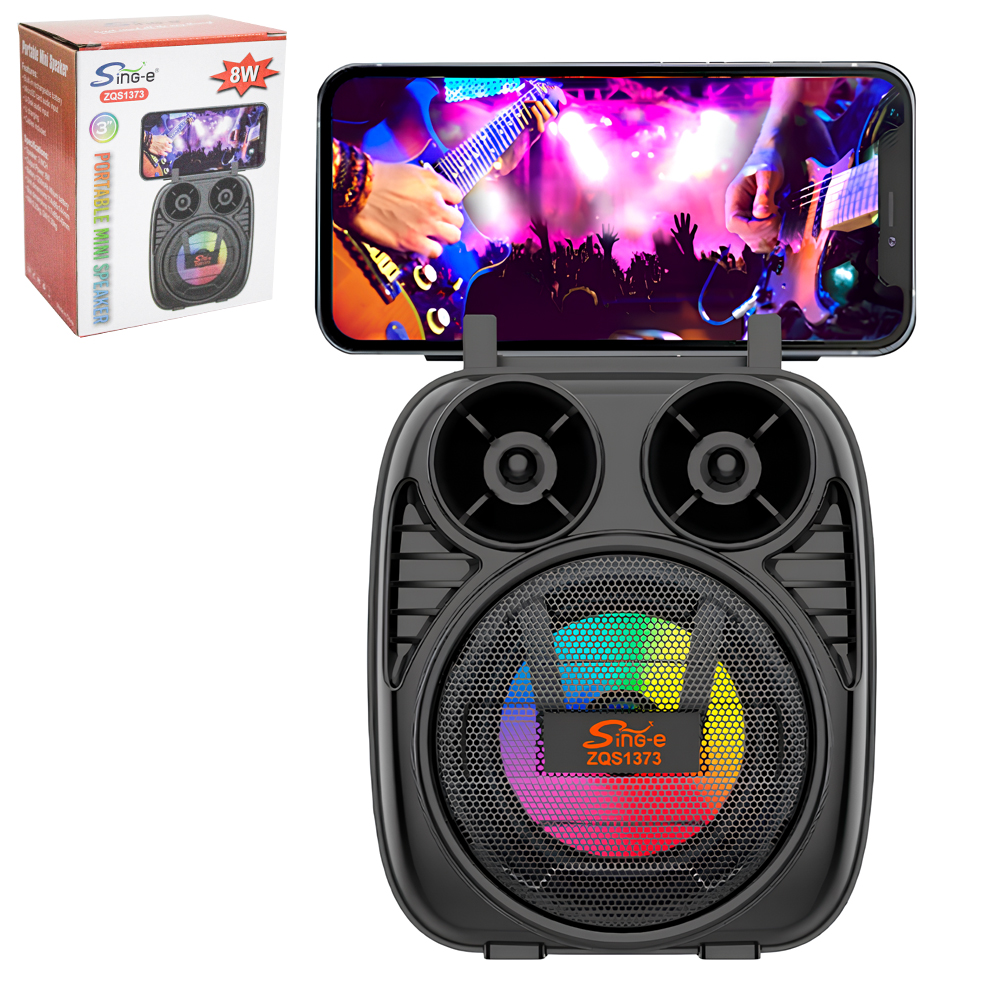 CAIXA DE SOM BLUETOOTH / USB / FM / TF COM SUPORTE CELULAR + LUZ E ALCA 8W BIVOLT