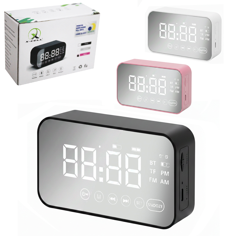 CAIXA DE SOM BLUETOOTH / FM / TF COM RELOGIO / DESPERTADOR DIGITAL RETANGULAR ESPELHADO RECARREGAVEL 5W BIVOLT X-CELL