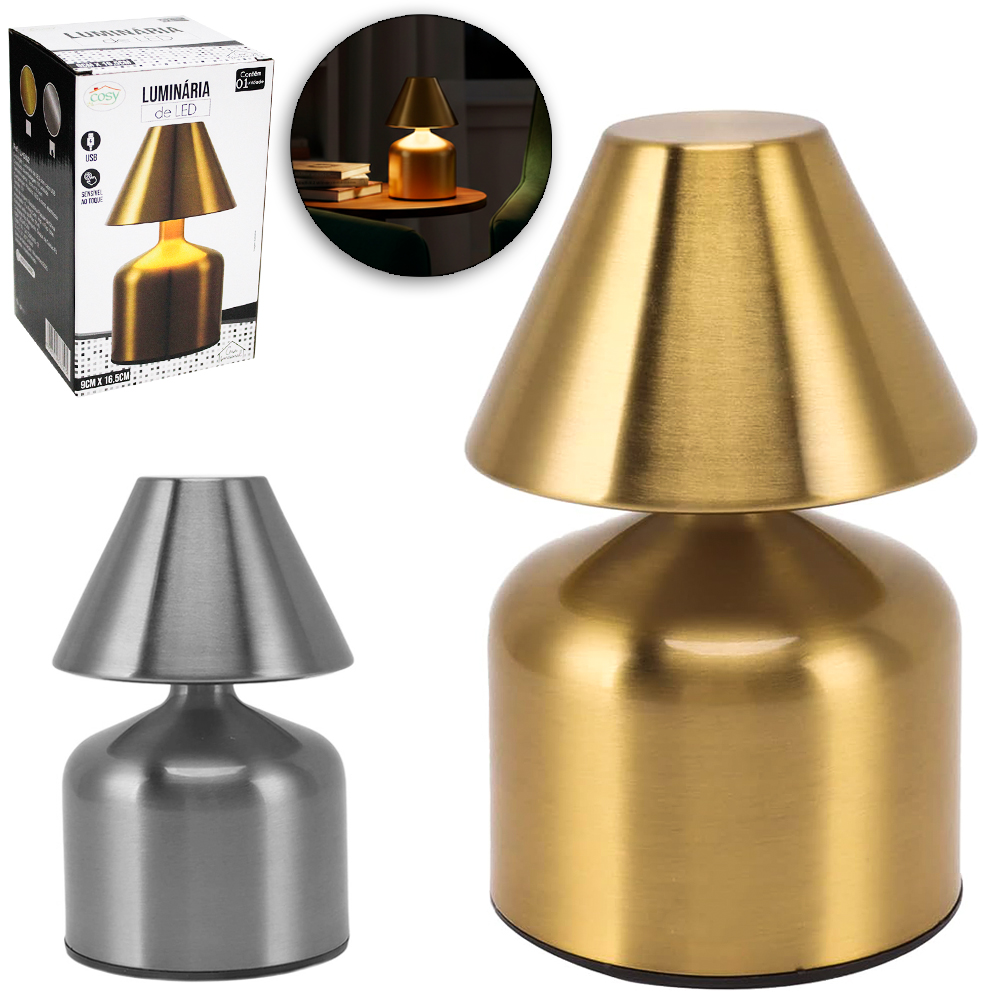 ABAJUR LUMINARIA DE METAL RECARREGAVEL TOUCH 3 CORES DE LUZ USB 16,5X9CM 