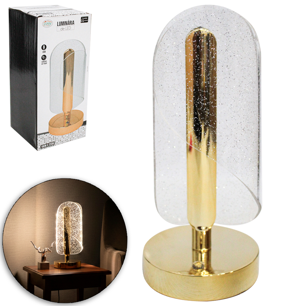 ABAJUR LUMINARIA ACRILICO RECARREGAVEL TOUCH 3 CORES DE LUZ USB 22X10CM