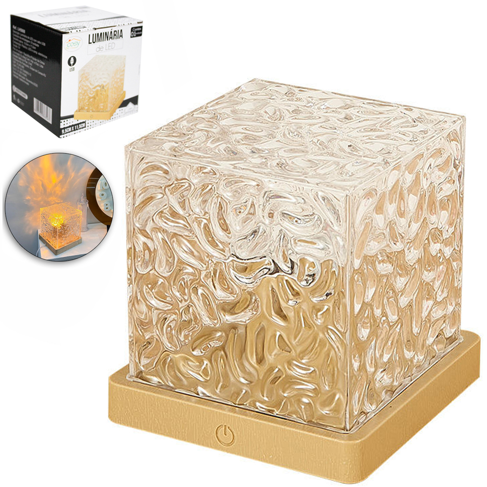 ABAJUR LUMINARIA DE MESA ACRILICO QUADRADA DE LED CB USB 11,5X9,5CM 