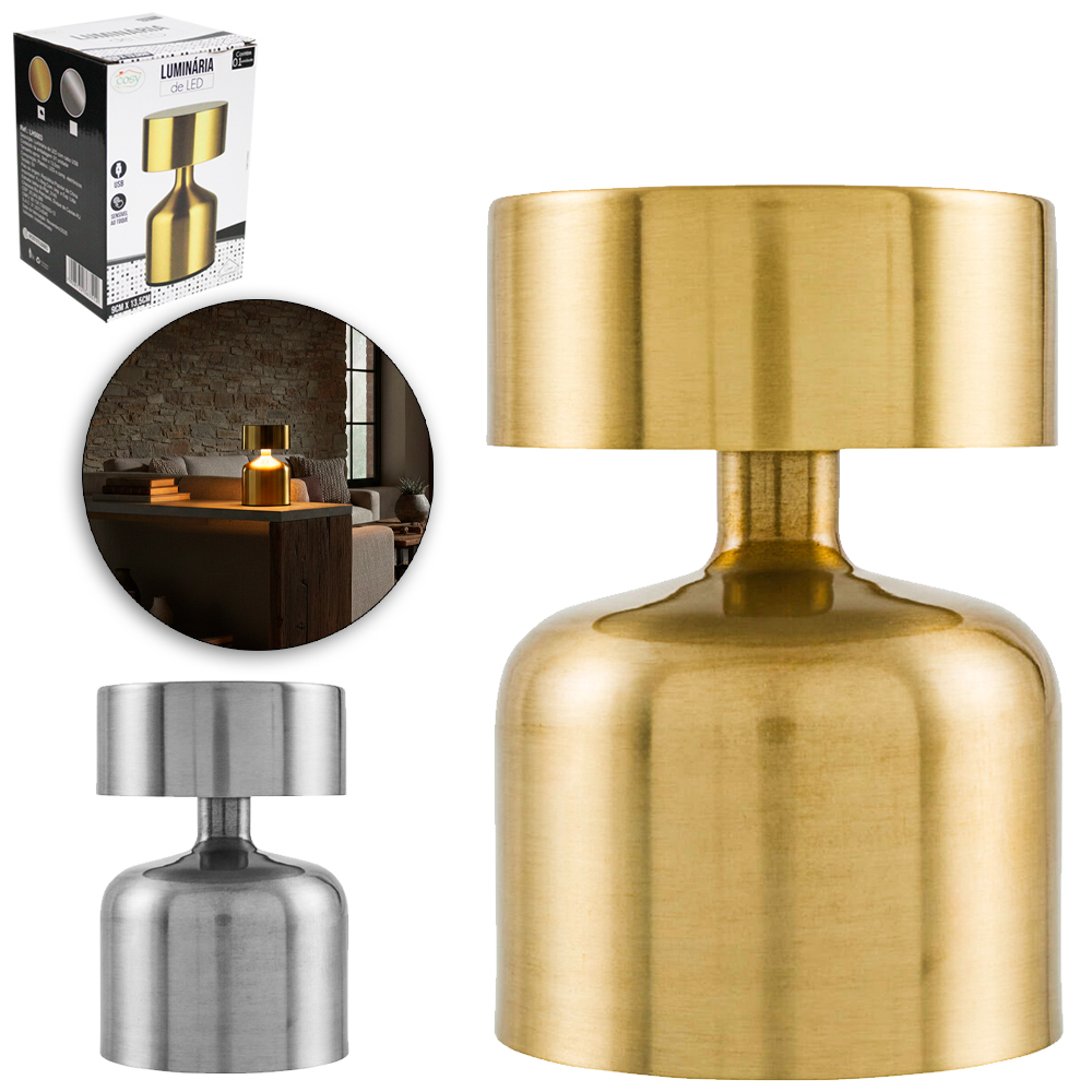 ABAJUR LUMINARIA DE METAL RECARREGAVEL TOUCH 3 CORES DE LUZ USB 13,5X9CM 