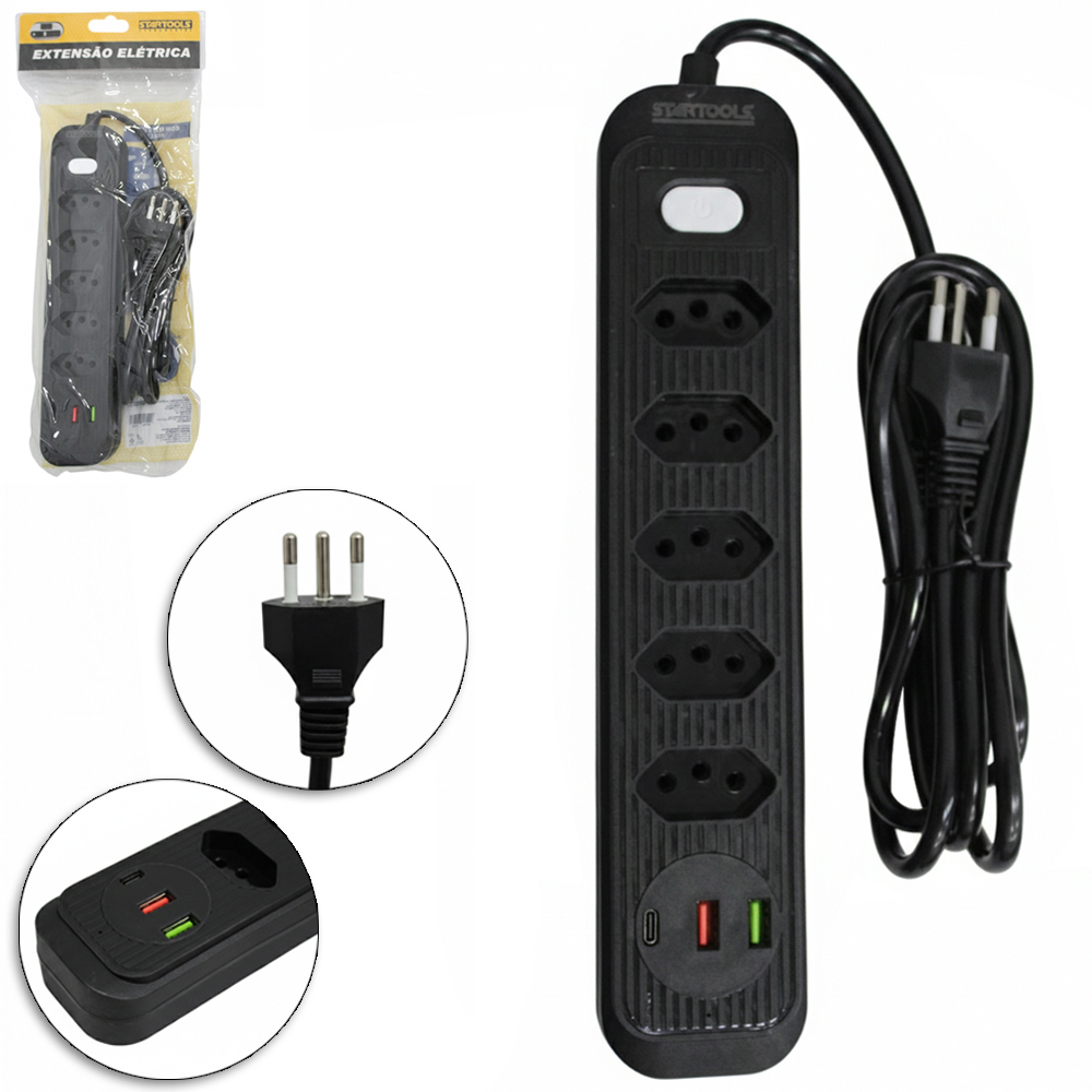 EXTENSAO FILTRO LINHA BRANCO / PRETO 2M COM 5 TOMADAS TRIPOLAR + 2 SAIDAS USB E 1 TIPO C BIVOLT CABO PP