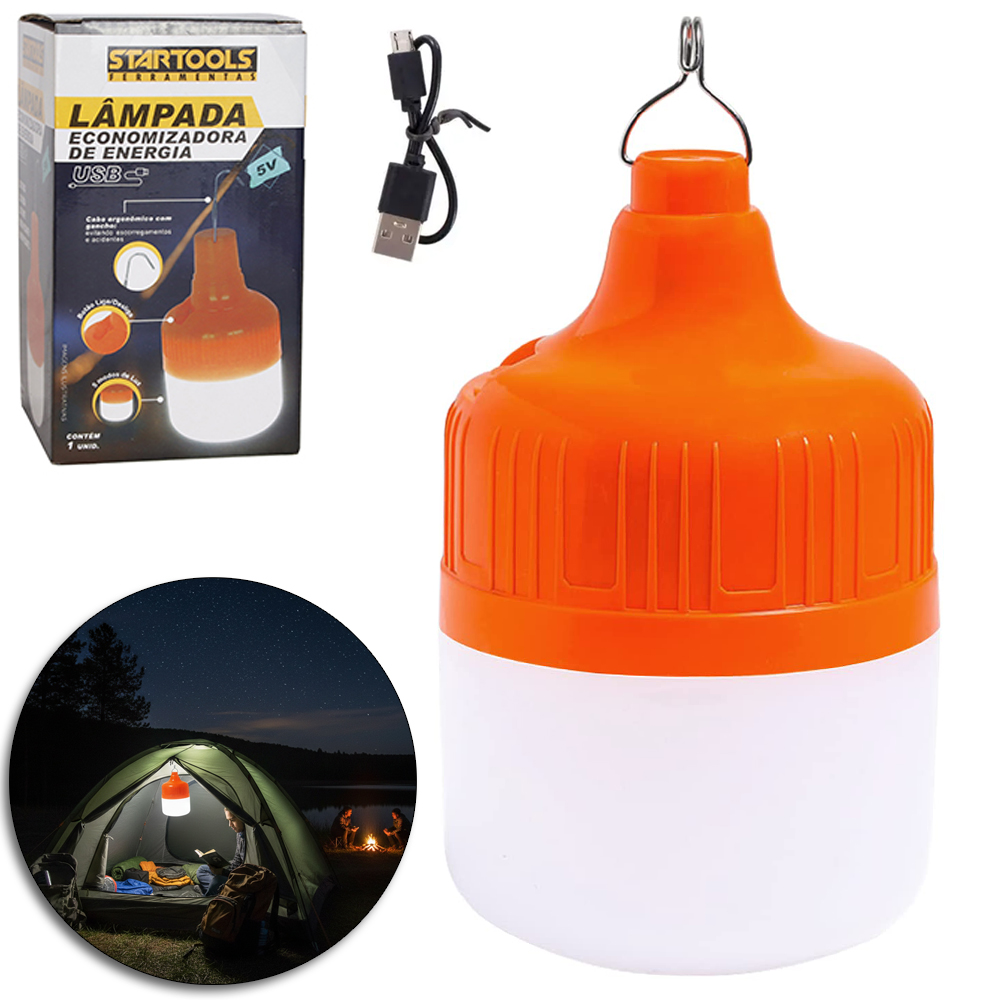 LAMPADA ECONOMIZADORA DE ENERGIA DE EMERGENCIA BULBO DE LED BRANCA FRIA RECARREGAVEL COM GANCHO + CABIO USB
