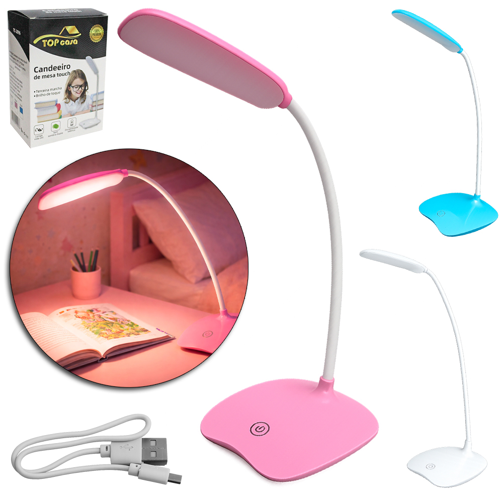 LUMINARIA DE MESA FLEXIVEL RECARREGAVEL COM SENSOR TOUCH + 18 LEDS E CABO USB PREMIUM TOP CASA