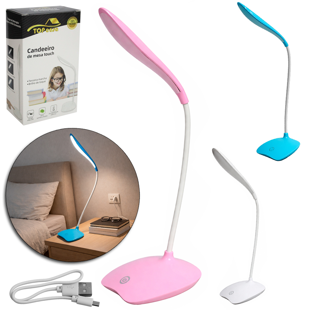 LUMINARIA DE MESA FLEXIVEL RECARREGAVEL COM SENSOR TOUCH + 14 LEDS E CABO USB PREMIUM TOP CASA