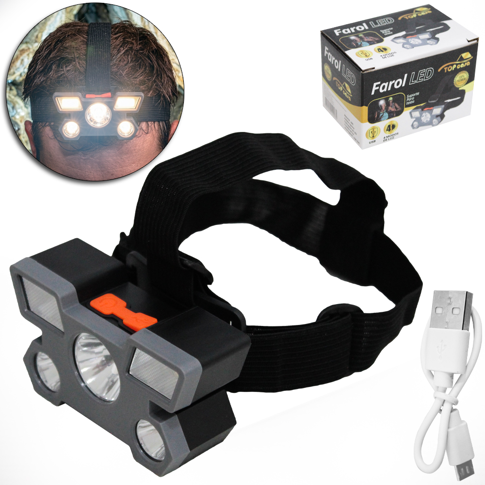 LANTERNA DE CABECA RECARREGAVEL PREMIUM TOP CASA COM 9 LEDS + ALCA ELASTICA E CABO USB