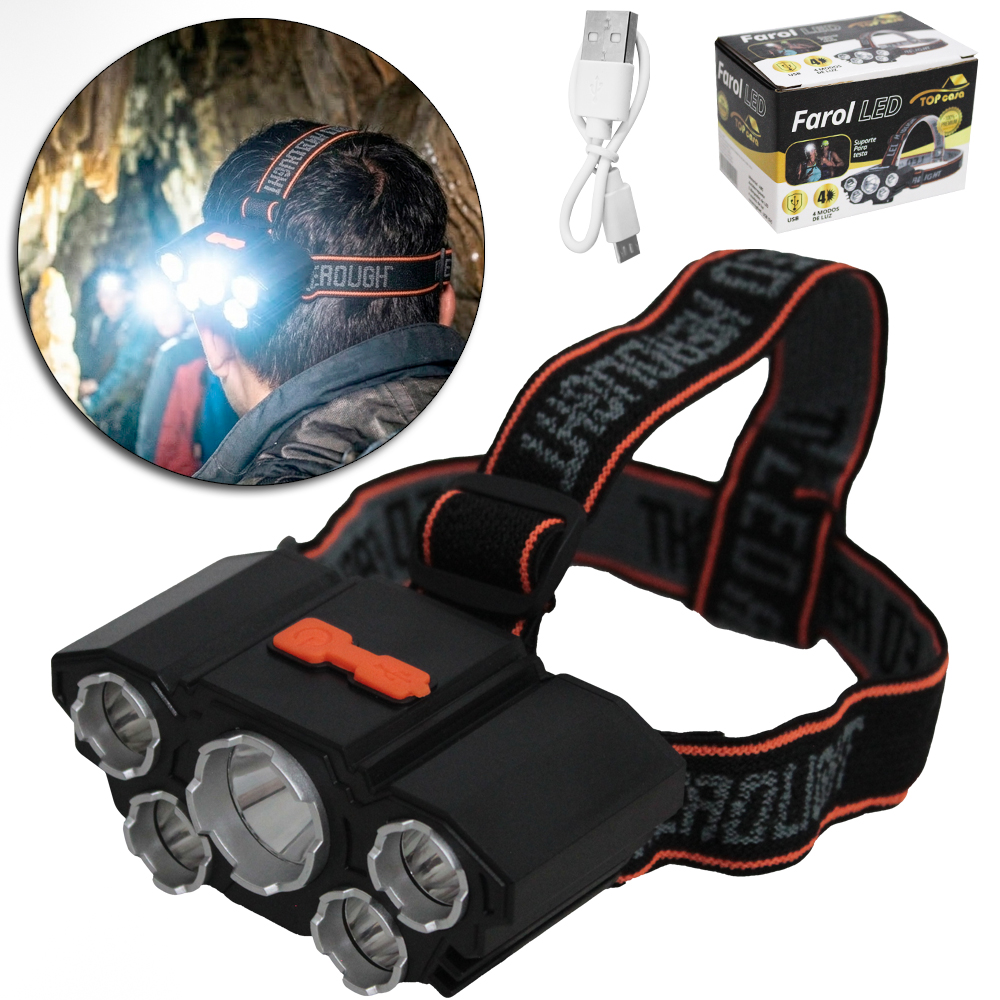 LANTERNA DE CABECA RECARREGAVEL PREMIUM TOP CASA COM 5 LEDS + ALCA ELASTICA E CABO USB