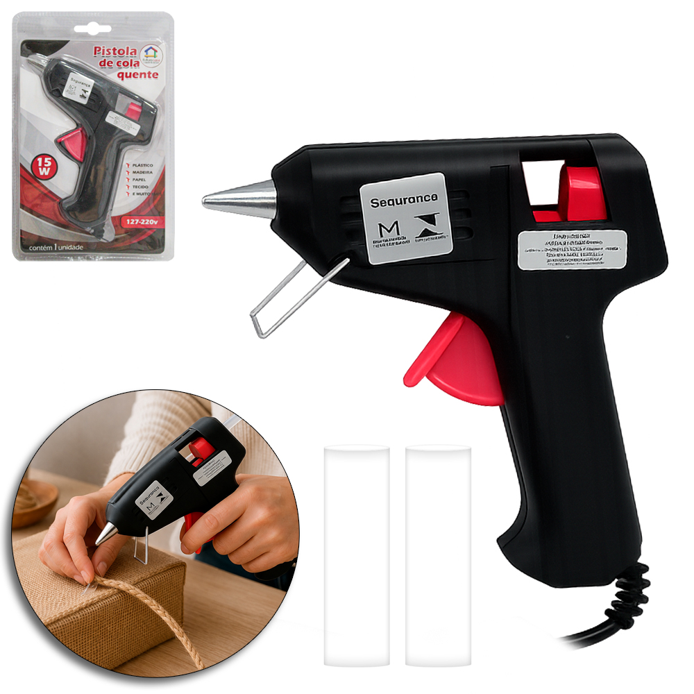 PISTOLA DE COLA QUENTE PEQUENA BIVOLT 15W COM 2 REFIS DE COLA