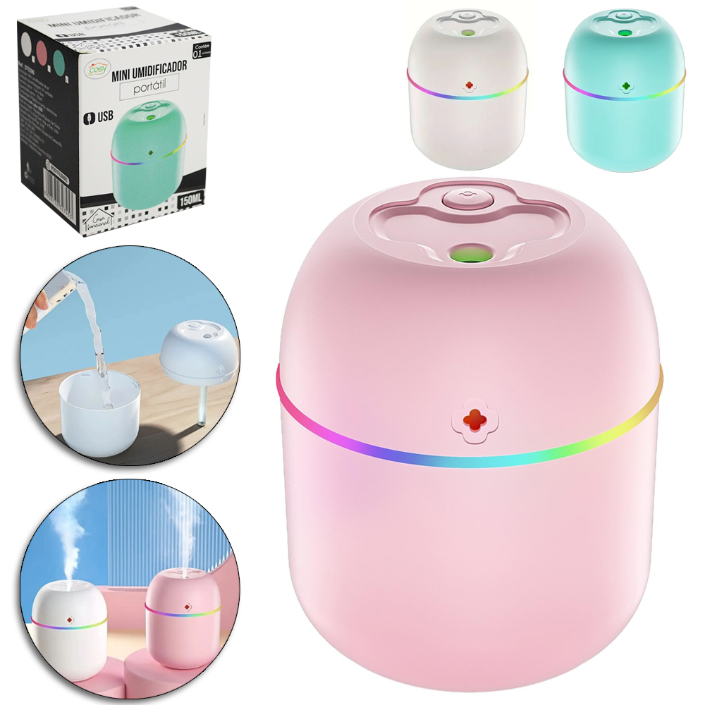 UMIDIFICADOR PARA AMBIENTES COM LUZ + CABO USB 150ML 9X7CM