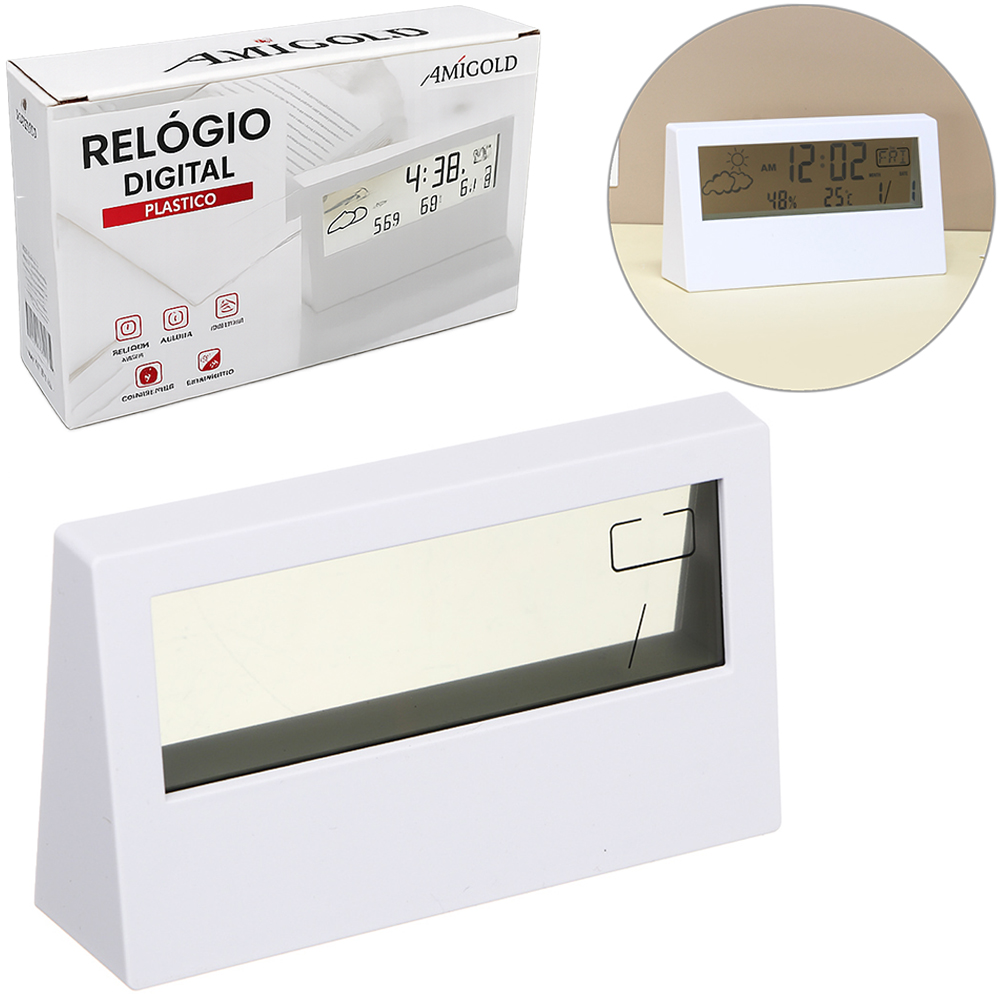 RELOGIO DE MESA / DESPERTADOR DIGITAL RETANGULAR COM TERMOMETRO + CALENDARIO A BATERIA 13,2X7,3X3CM
