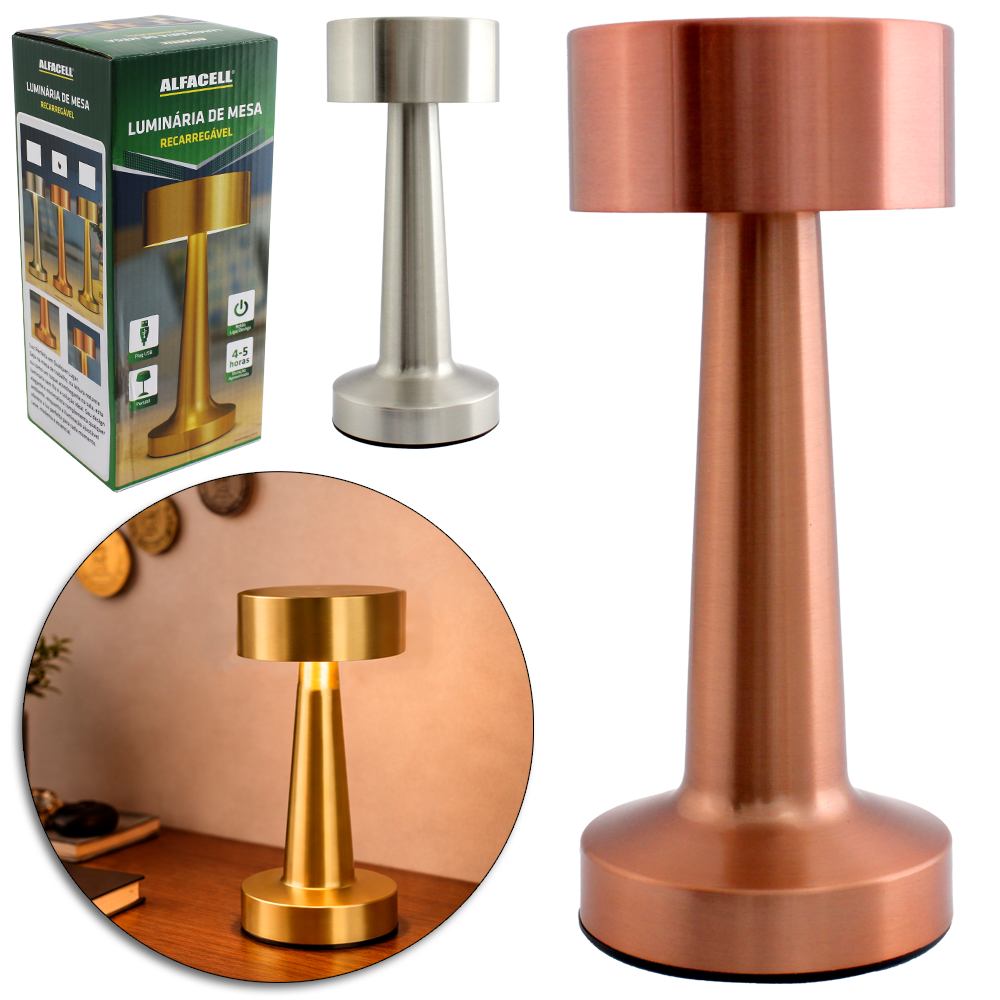 ABAJUR LUMINARIA DE MESA DE METAL RECARREGAVEL COM 24 LEDS + SENSOR TOUCH E CABO USB 20X9CM DE Ø 