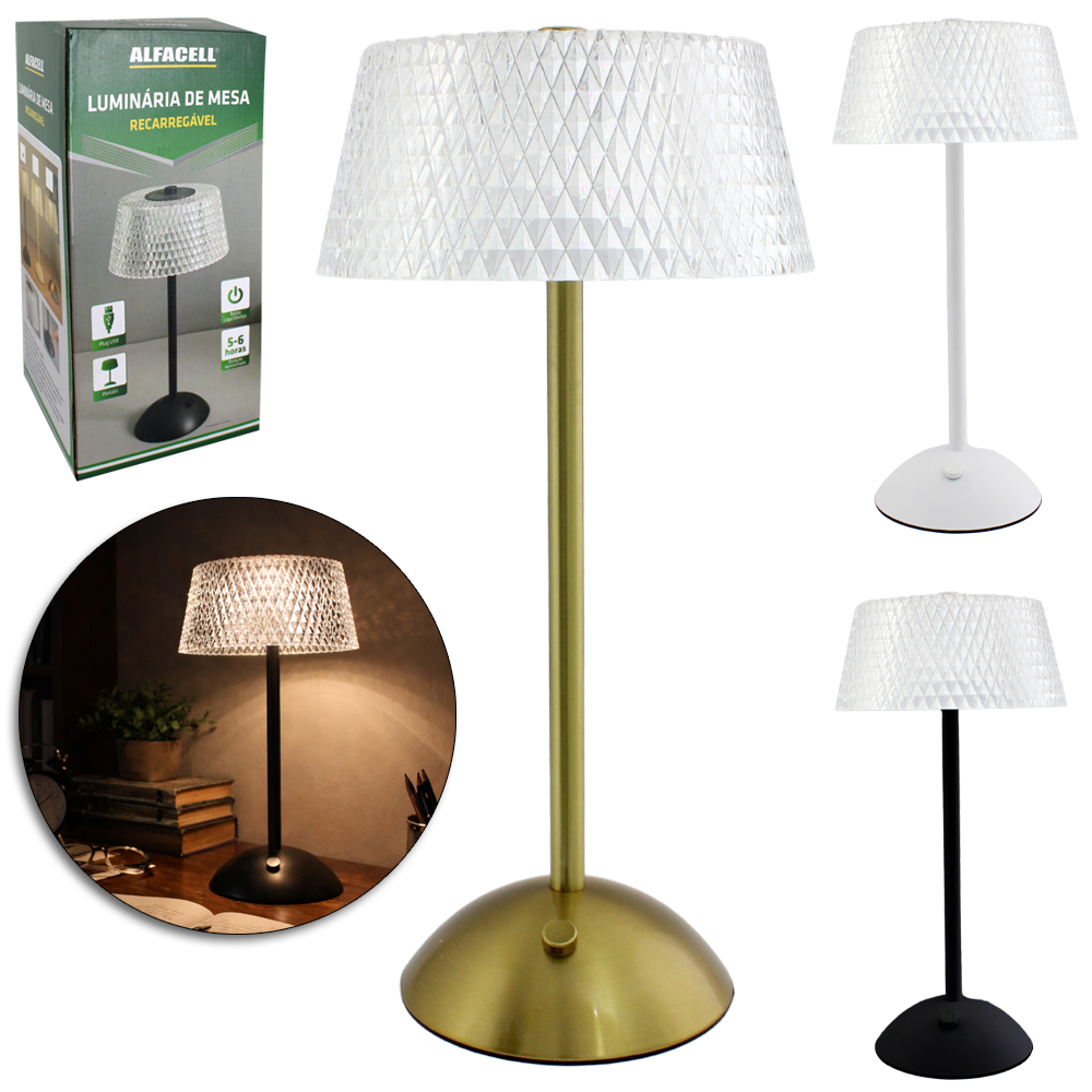 ABAJUR LUMINARIA MESA ACRILICO / METAL RECARREGAVEL 20 LEDS + SENSOR TOUCH E CABO USB 29X15CM DE Ø