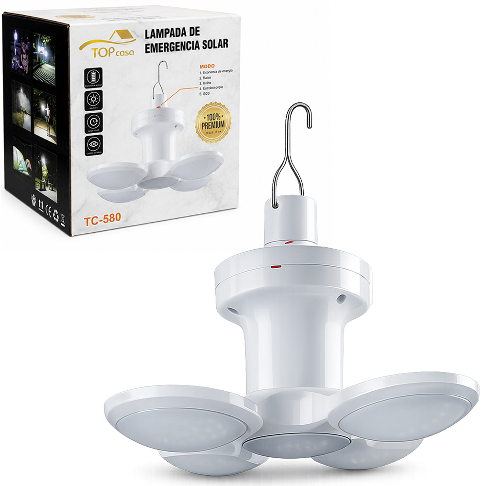 LAMPADA DE EMERGENCIA RECARREGAVEL SOLAR / USB LED BOLA BRANCA FRIA COM GANCHO + CABO USB PREMIUM TOP CASA