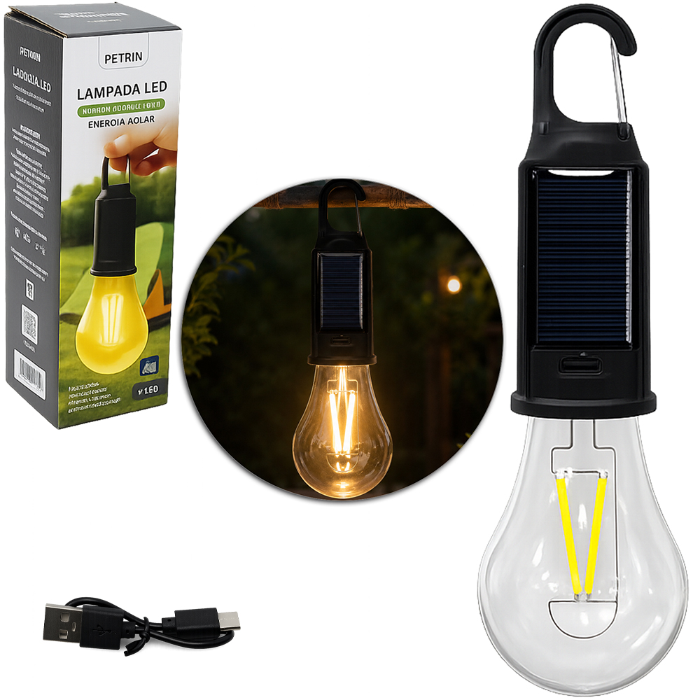 LAMPADA PORTATIL PENDENTE DE LED RECARREGAVEL SOLAR / USB COM GANCHO + CABO USB