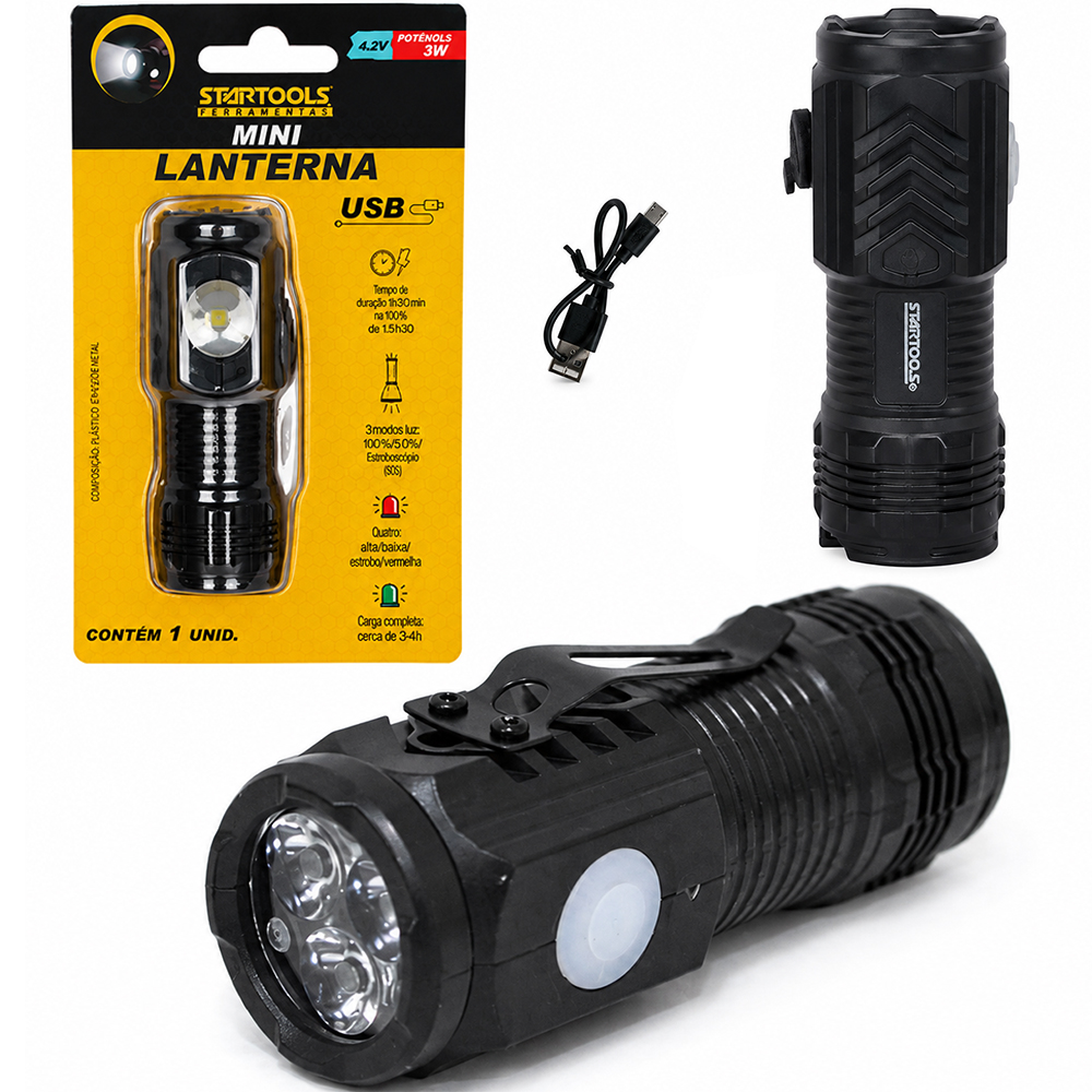 MINI LANTERNA RECARREGAVEL COM 3 LEDS + CABO USB