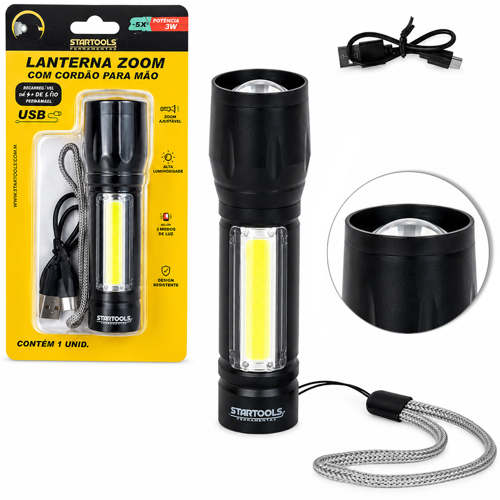 LANTERNA RECARREGAVEL COM 1 LED + 8 COB + FOCO REGULAVEL E CABO USB