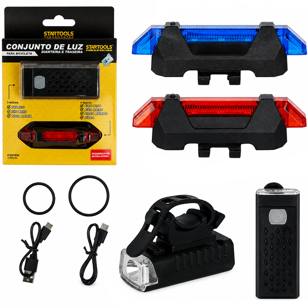 LANTERNA PARA BICICLETA RECARREGAVEL COM 2 PECAS 1 / 5 LED E CABO USB