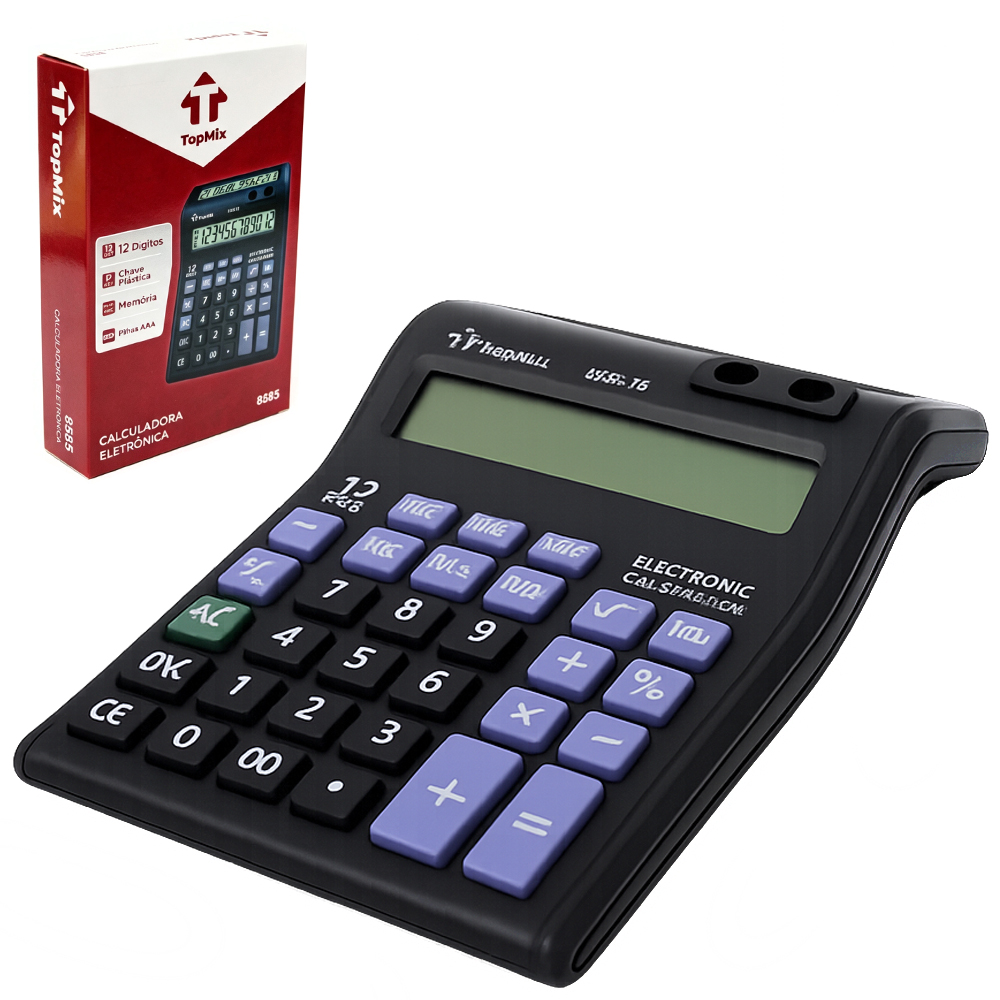 CALCULADORA ELETRONICA 12 DIGITOS DISPLAY DUPLO COM PORTA CANETA A PILHA 19,7X12,9CM 