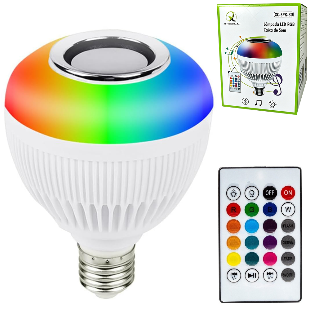LAMPADA LUZ BALADA DE LED RGB 12W COM CAIXA DE SOM + BLUETOOTH E CONTROLE REMOTO BIVOLT E27 X-CELL