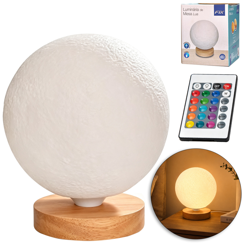 ABAJUR LUMINARIA DE MESA LUA DE LED COM CONTROLE E BASE DE MADEIRA 16 CORES USB 17X15CM 