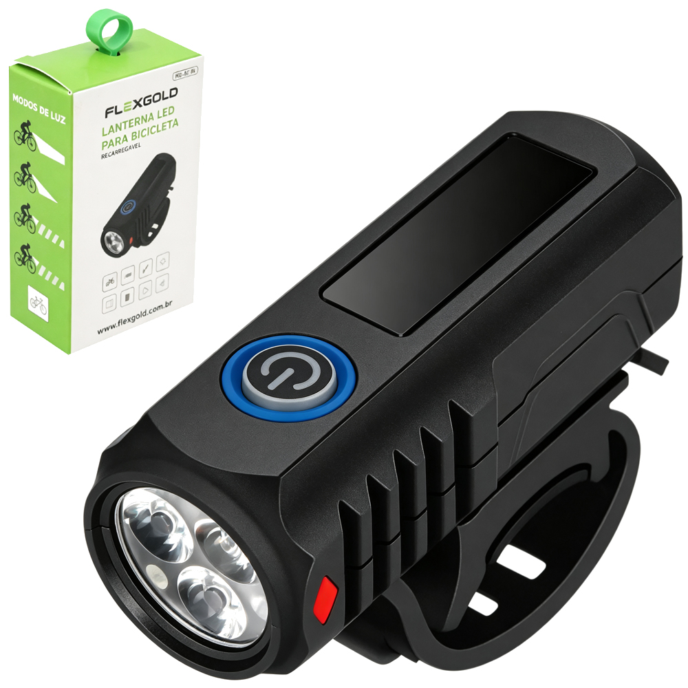 LANTERNA PARA BICICLETA RECARREGAVEL COM 3 LEDS + CABO USB FLEXGOLD 