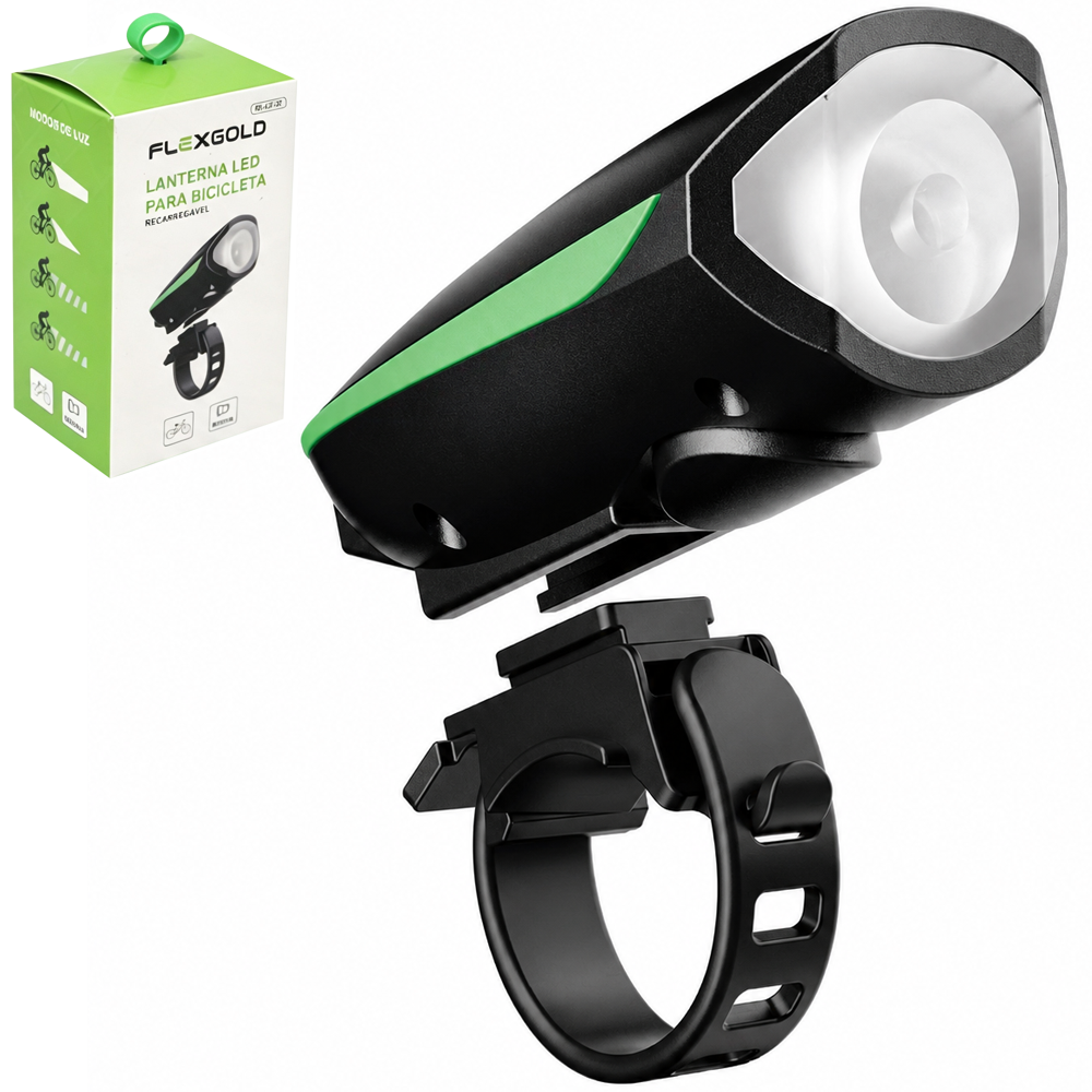 LANTERNA PARA BICICLETA RECARREGAVEL COM 1 LED + BUZINA E CABO USB FLEXGOLD 