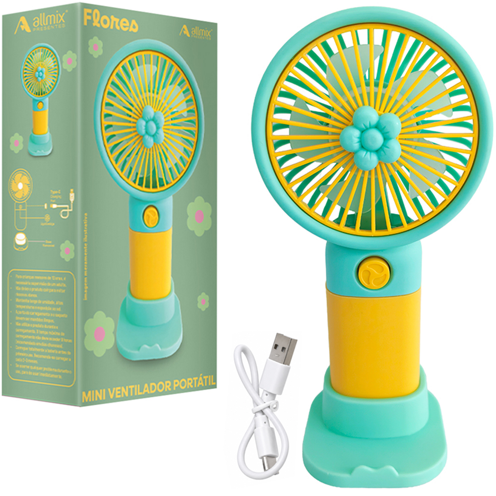 MINI VENTILADOR DE MAO / MESA PORTATIL FLORES RECARREGAVEL 5V 3 VELOCIDADES + BASE SUPORTE CELULAR E CABO USB
