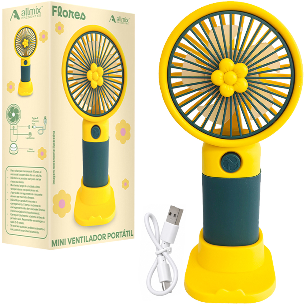 MINI VENTILADOR DE MAO / MESA PORTATIL FLORES RECARREGAVEL 5V 3 VELOCIDADES + BASE SUPORTE CELULAR E CABO USB