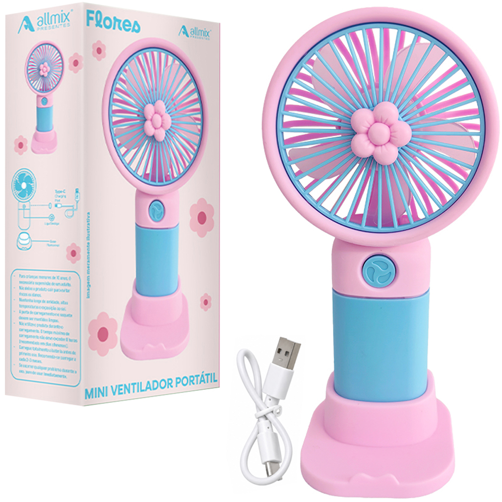 MINI VENTILADOR DE MAO / MESA PORTATIL FLORES RECARREGAVEL 5V 3 VELOCIDADES + BASE SUPORTE CELULAR E CABO USB 