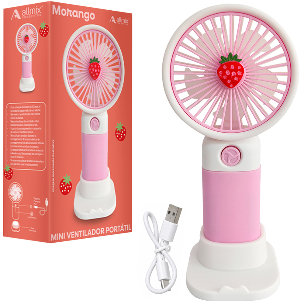 MINI VENTILADOR DE MAO / MESA PORTATIL MORANGO RECARREGAVEL 5V 3 VELOCIDADES + BASE SUPORTE CELULAR E CABO USB