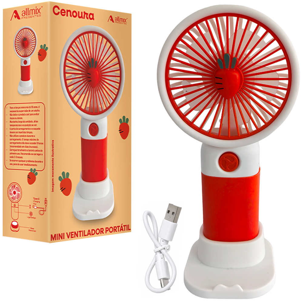 MINI VENTILADOR DE MAO / MESA PORTATIL CENOURA RECARREGAVEL 5V 3 VELOCIDADES + BASE SUPORTE CELULAR E CABO USB 