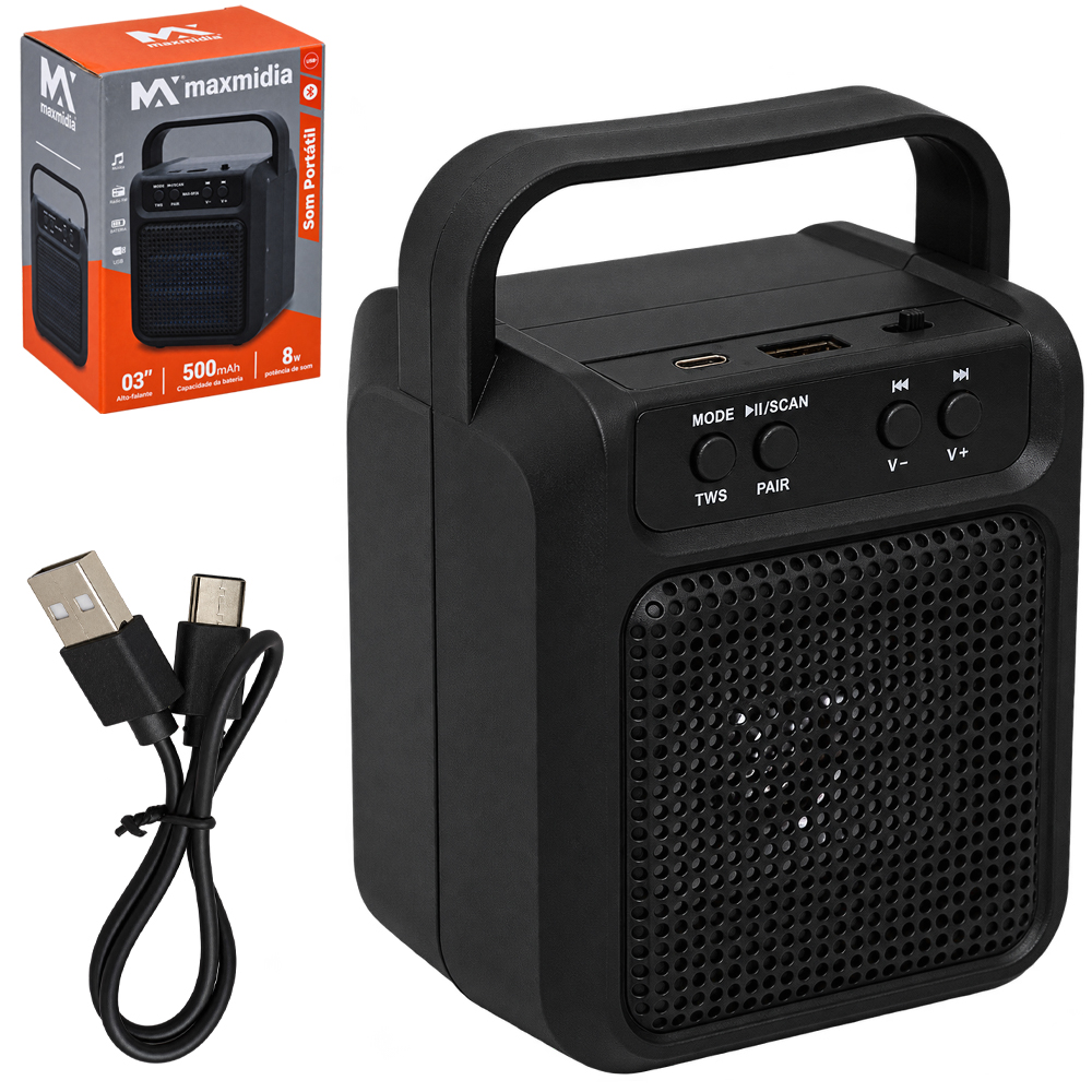 CAIXA DE SOM BLUETOOTH / USB / FM COM LUZ + ALCA 8W BIVOLT MAXMIDIA