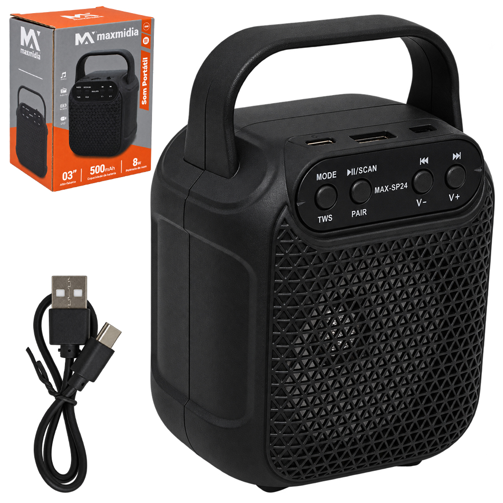 CAIXA DE SOM BLUETOOTH / USB / FM COM LUZ + ALCA 8W BIVOLT MAXMIDIA
