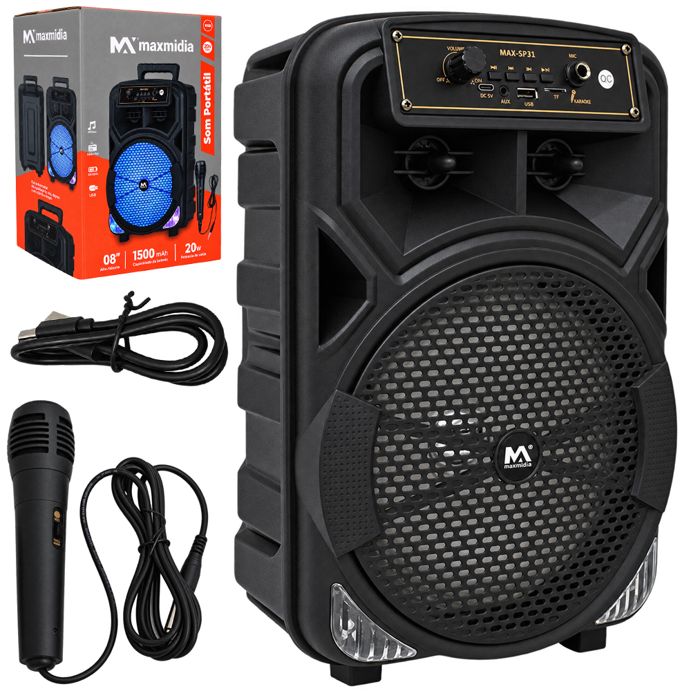 CAIXA DE SOM KARAOKE BLUETOOTH / USB / FM / AUX / TF COM MICROFONE + LUZ E ALCA 20W BIVOLT