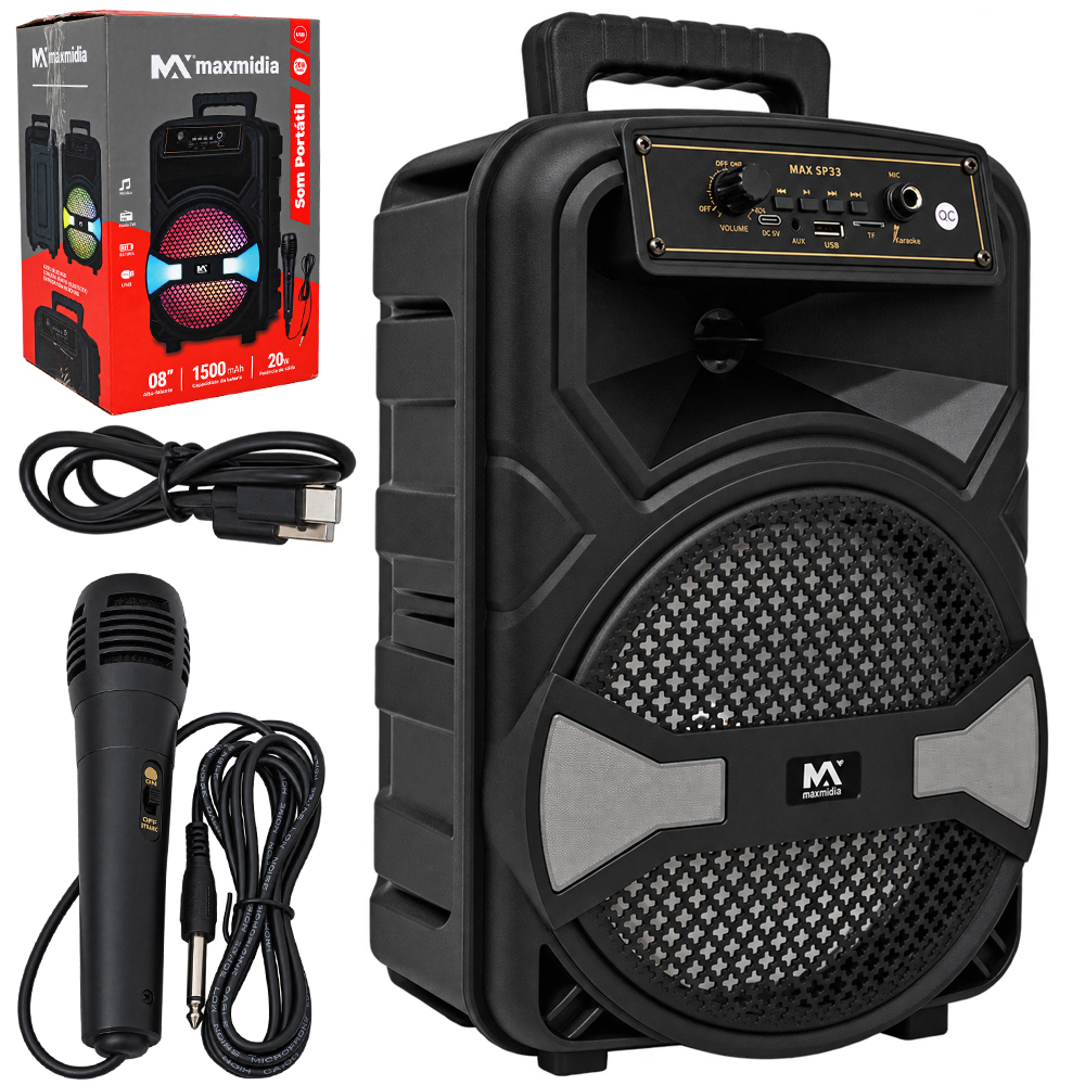CAIXA DE SOM KARAOKE BLUETOOTH / USB / FM/AUX / TF COM MICROFONE + LUZ E ALCA 20W BIVOLT 