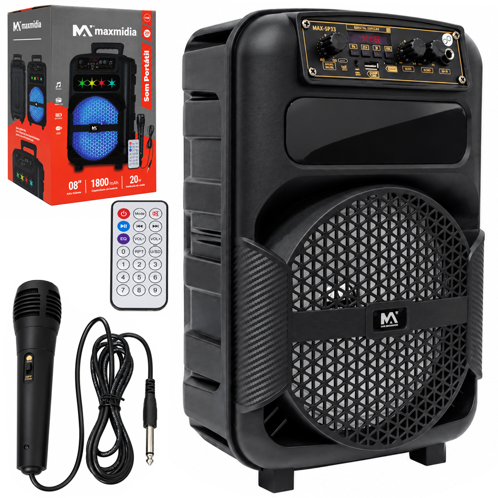 CAIXA DE SOM KARAOKE BLUETOOTH / USB / FM / AUX / TF COM MICROFONE + CONTROLE + LUZ E ALCA 20W BIVOLT