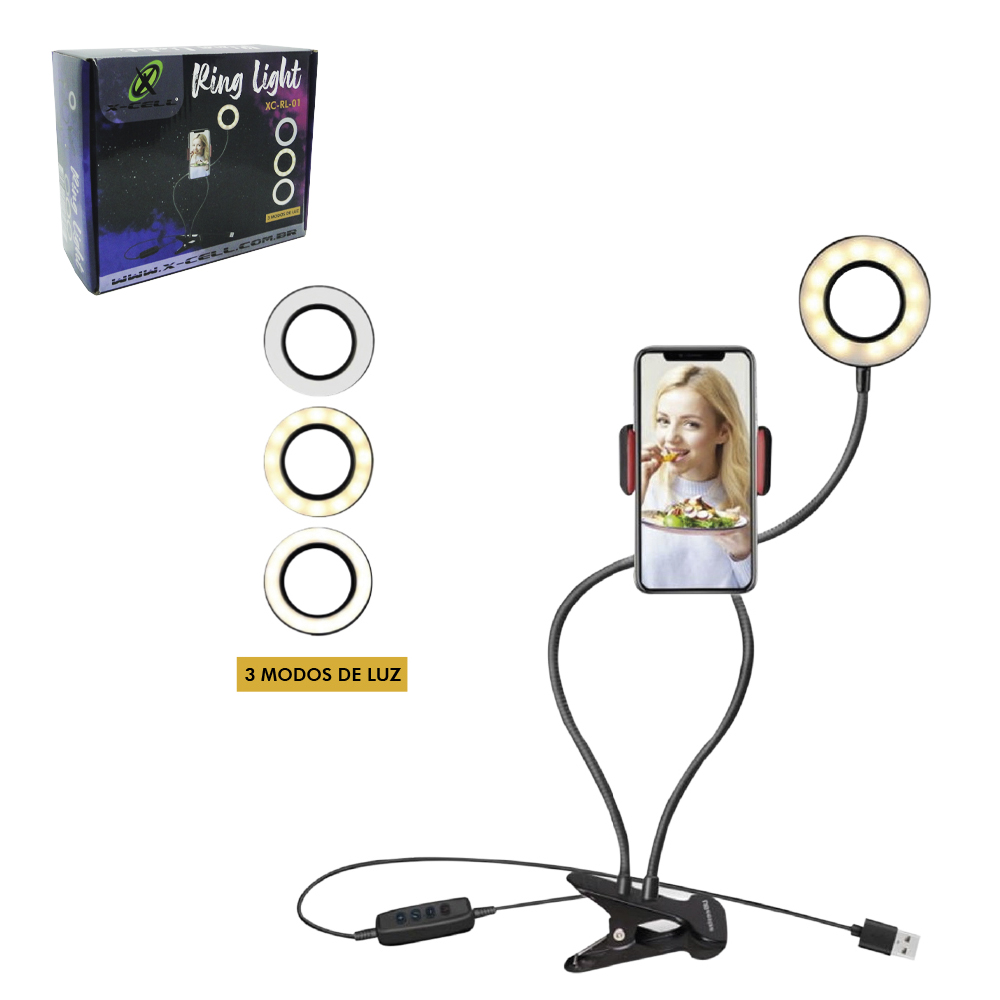 REFLETOR DE LED RING LIGHT 3 FUNCOES 12W USB + CONTROLE / SUPORTE DE CELULAR COM PRESILHA X-CELL