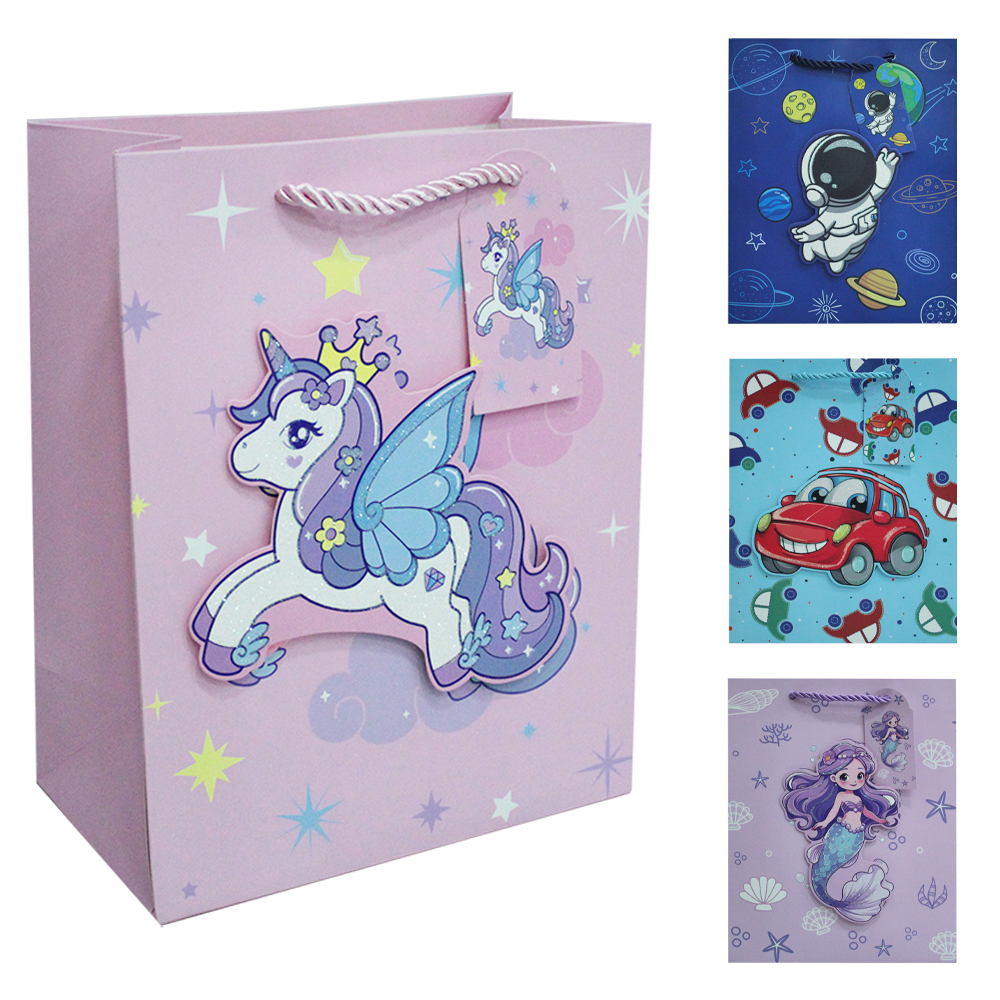 SACOLA DE PAPEL PARA PRESENTE LUXO ASTRONAUTA / CARRO / SEREIA / UNICORNIO COM GLITTER 23X18X10CM