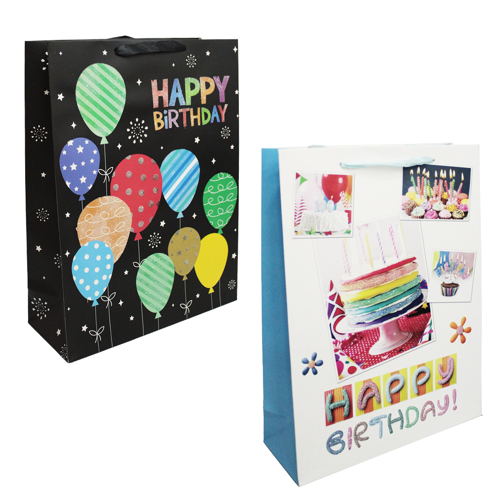 SACOLA DE PAPEL PARA PRESENTE LUXO HAPPY BIRTHDAY COM GLITTER 40X30X12CM