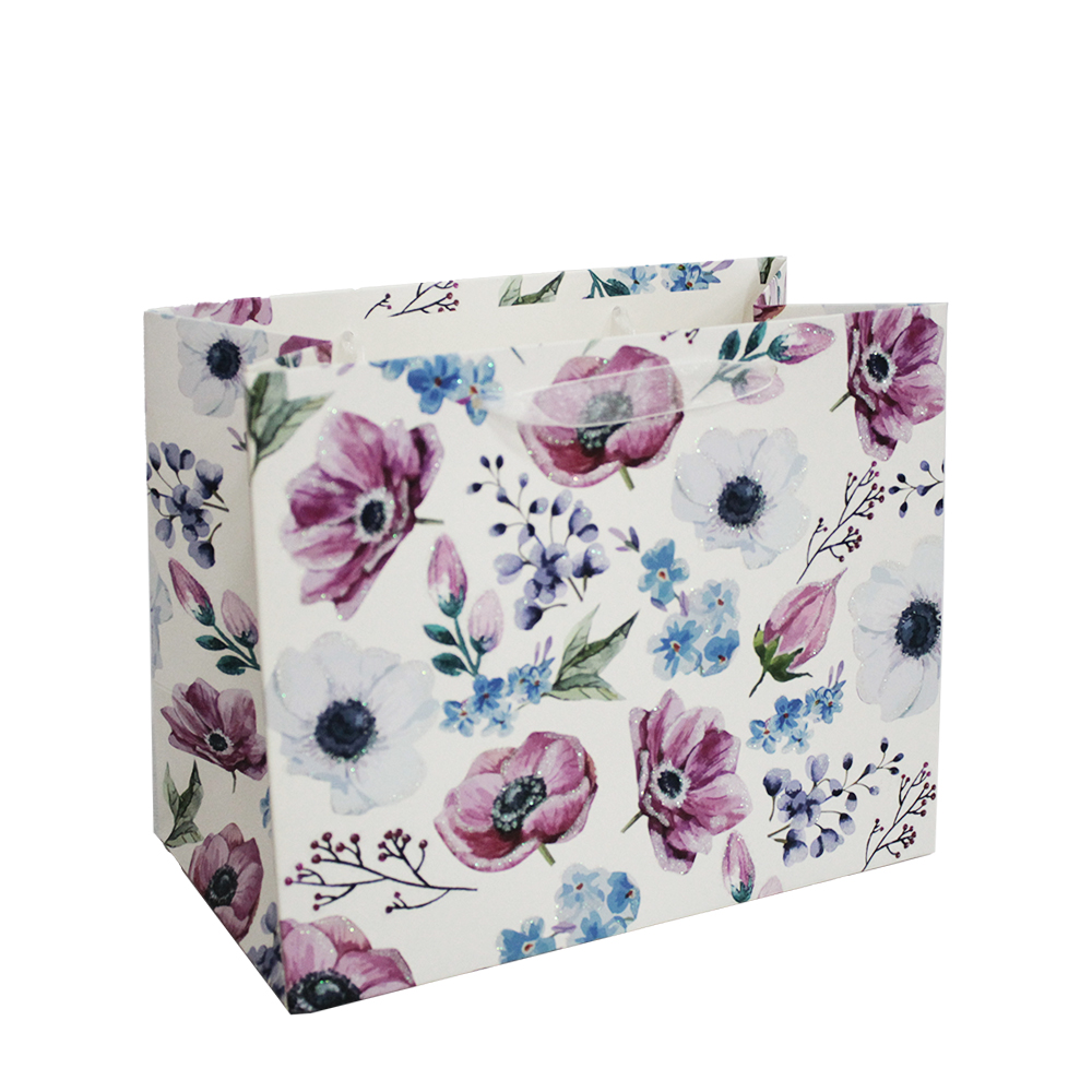 SACOLA DE PAPEL PARA PRESENTE LUXO FLORES COM GLITTER 24,5X19,5X13CM