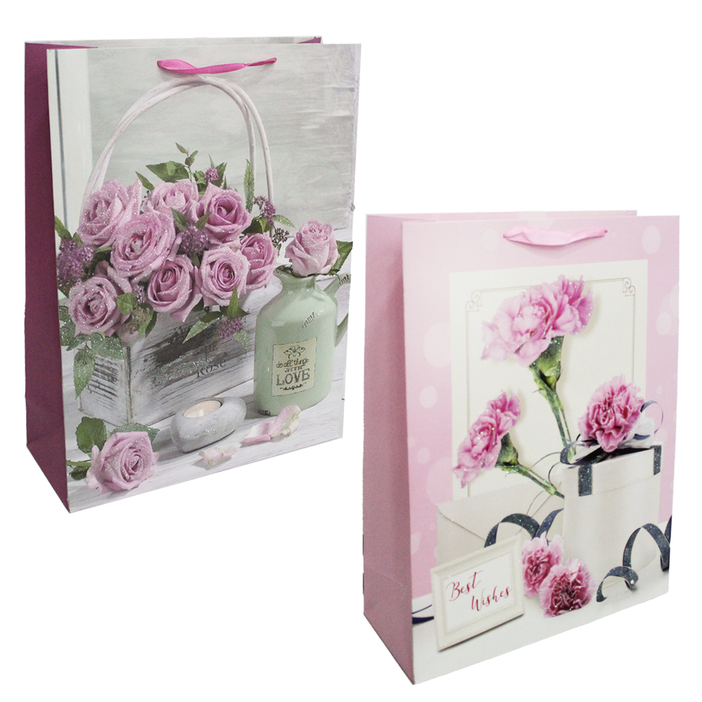 SACOLA DE PAPEL PARA PRESENTE LUXO FLORES COM GLITTER 40X30X12CM