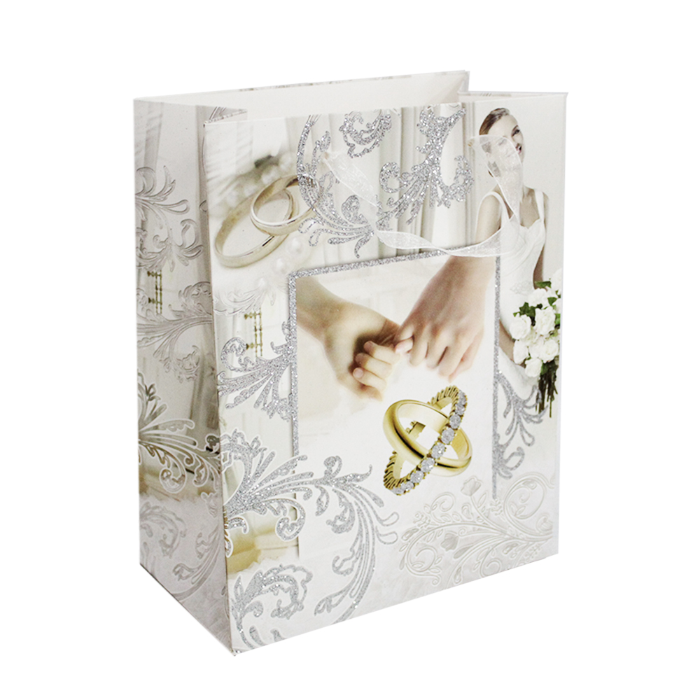 SACOLA DE PAPEL PARA PRESENTE LUXO ALIANCAS NOIVA COM GLITTER 23X18X10CM