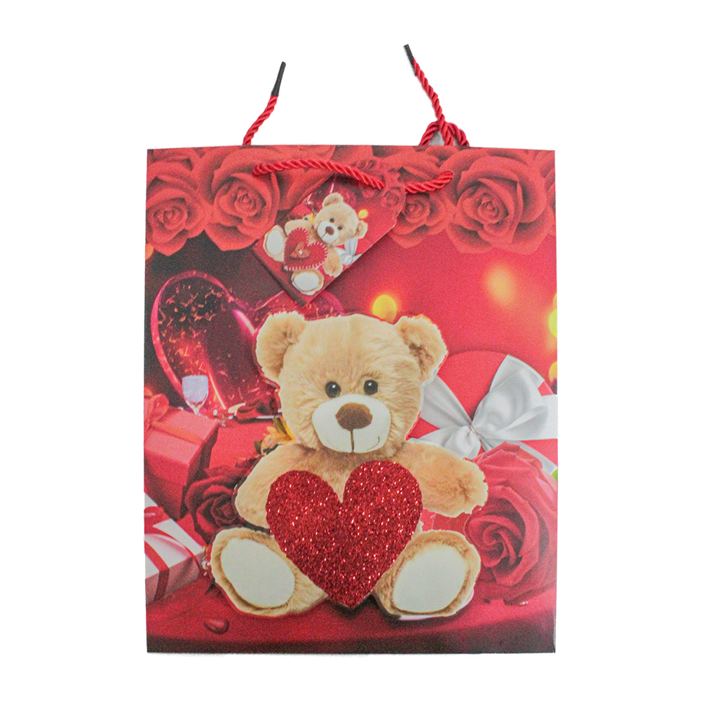 SACOLA DE PAPEL PARA PRESENTE LUXO URSO COM CORACAO GLITTER 3D 32X26X12